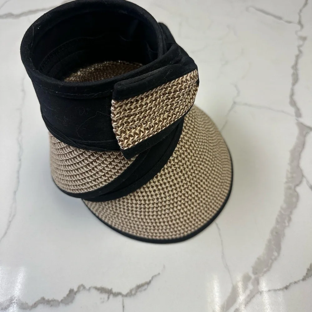 Packable Black and Tan Straw Visor Black Tan Hat